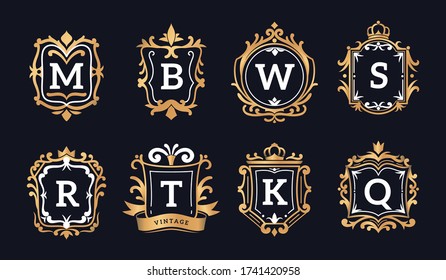 Logotipos monográficos. Lujoso adorno caligráfico elegante de identidad dorada para restaurante, marca de hotel y joyería floral modelo vectorial
