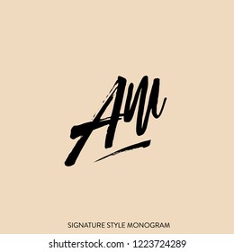 AM monogram logo.Signature style typographic icon with uppercase letter A and lowercase letter m, isolated on light  color background.Brush stroke lettering.