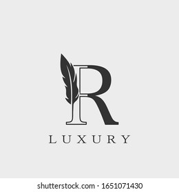 Monogram Luxury Feather Initial Letter R  Logo icon vector design template