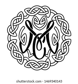 Monogram M and C with celtic ornament. Vector hand drawn illustration