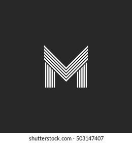 Monogram M letter logo hipster initial emblem template, black and white flat thin line mockup capital symbol design element