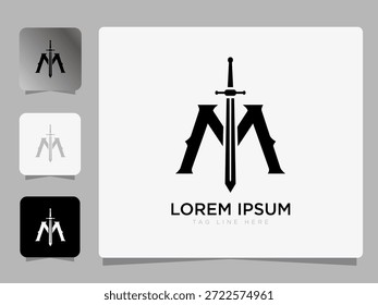 Monogram M Letter Logo with Sword Icon