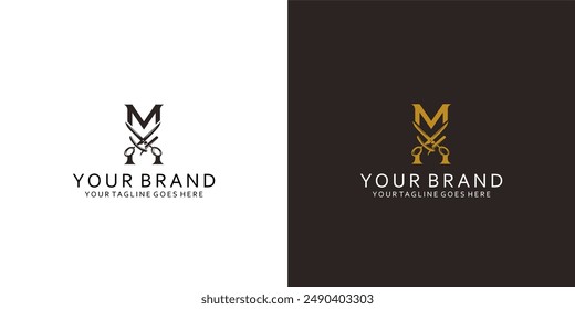A monogram modern logo with a visualization of modern, simple and elegant haircutting elements