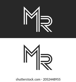 Monogram MR or RM initials identity monogram, two letters M and R combination, thin lines black and white minimal design.