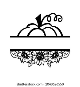 Monogram with pumpkin and sunflowers on white background. Vector illustration set.