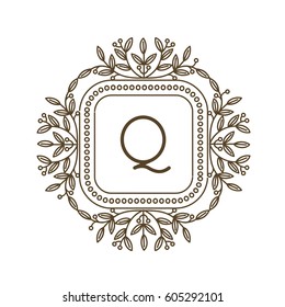 Monogram Q logo and text badge emblem line art vector illustration luxury template flourishes calligraphic leaves elegant ornament sign.