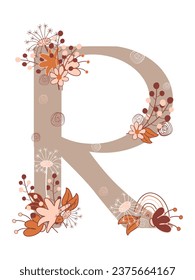 Monogram R. Composition of flowers, plants and a rainbow decorates the capital letter. Vector illustration for logo, label, greeting card.