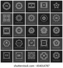 Logotipo de sinal de monograma e coleção de emblema. Estilo da arte da linha. Plano de fundo ornamentado. Modelo de logotipo de monograma de emblema de luxo. Caligrafia elegante floresce conjunto de ornamentos. Elegância de simplicidade vetorial.