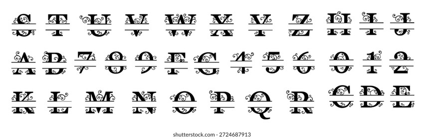 Monograma Letras y números del alfabeto fuente dividida Tipografía