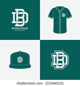 Monogram sport and slab initial BD or DB for football, basketball, baseball, clothing, apparel on t-shirt and snapback mockup design