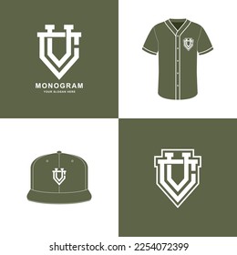 Monogram sport and slab initial CV or VC for football, basketball, baseball, clothing, apparel on t-shirt and snapback mockup design