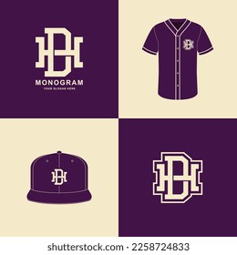 Monogram sport and slab initial DH or HD for football, basketball, baseball, clothing, apparel on t-shirt and snapback mockup design