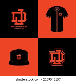 Deporte monograma y destilación inicial DJ o JD para fútbol, baloncesto, béisbol, ropa, ropa en camisetas y diseño de maquillaje de paro