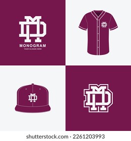Deporte monograma y desliz inicial DM o MD para fútbol, baloncesto, béisbol, ropa, ropa en camisetas y diseño de simulación de paro de paro
