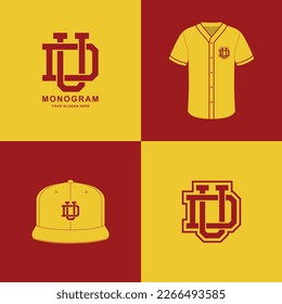 Monogram sport and slab initial DU or UD for football, basketball, baseball, clothing, apparel on t-shirt and snapback mockup design