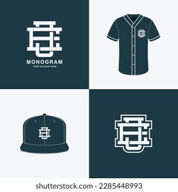 Monogram sport and slab initial EJ or JE for football, basketball, baseball, clothing, apparel on t-shirt and snapback mockup design