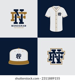 Monogram sport and slab initial FN or NF for football, basketball, baseball, clothing, apparel on t-shirt and snapback mockup design