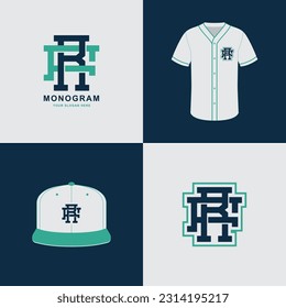 Monogram sport and slab initial FR or RF for football, basketball, baseball, clothing, apparel on t-shirt and snapback mockup design
