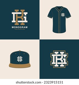 Monogram sport and slab initial GK or KG for football, basketball, baseball, clothing, apparel on t-shirt and snapback mockup design