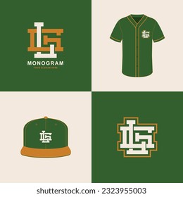 Monogram sport and slab initial GL or LG for football, basketball, baseball, clothing, apparel on t-shirt and snapback mockup design