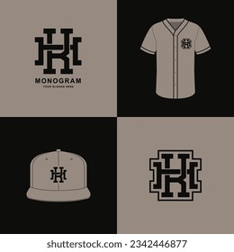 Monogram sport and slab initial HK or KH for football, basketball, baseball, clothing, apparel on t-shirt and snapback mockup design