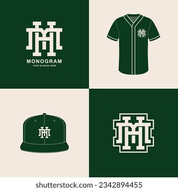 Monogram sport and slab initial HM or MH for football, basketball, baseball, clothing, apparel on t-shirt and snapback mockup design