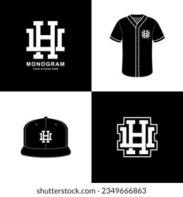 Monogram sport and slab initial HU or UH for football, basketball, baseball, clothing, apparel on t-shirt and snapback mockup design