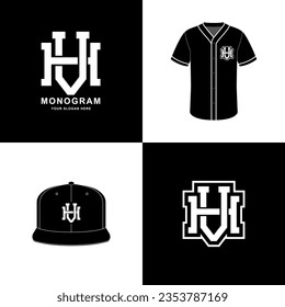 Monogram sport and slab initial HV or VH for football, basketball, baseball, clothing, apparel on t-shirt and snapback mockup design