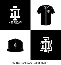 Monogram sport and slab initial IJ or JI for football, basketball, baseball, clothing, apparel on t-shirt and snapback mockup design