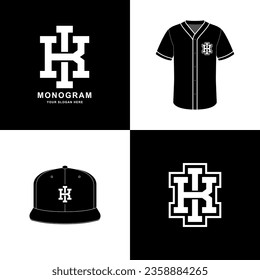 Monogram sport and slab initial IK or KI for football, basketball, baseball, clothing, apparel on t-shirt and snapback mockup design