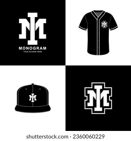 Monogram sport and slab initial IM or MI for football, basketball, baseball, clothing, apparel on t-shirt and snapback mockup design