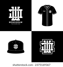 Monogram sport and slab initial JW or WJ for football, basketball, baseball, clothing, apparel on t-shirt and snapback mockup design