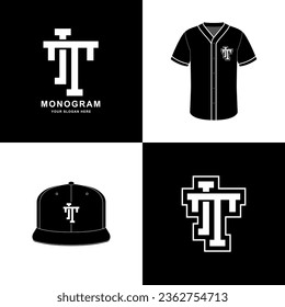 Monogram sport and slab initial IT or TI for football, basketball, baseball, clothing, apparel on t-shirt and snapback mockup design