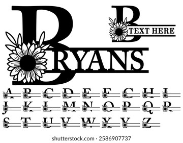 Monogram Sunflower Split Alphabet Letters Set A-Z, Floral Font Set A-Z Graphic Vector