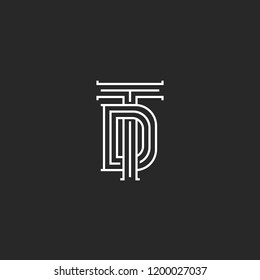 Monogram TD or DT initials of the logo, a combination of two crossed letters T and D, wedding emblem linear art in medieval style