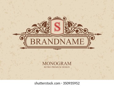 Monogram Typographic Brandname Logo template with flourishes calligraphic elegant ornament elements, Elegant line art logo, Business sign for Royalty, Boutique, Cafe, Hotel, Heraldic