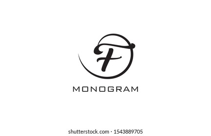 Monogram. Typographic logo with capital letter F. Icon lettering style with decorative swirl in black isolated on light background.