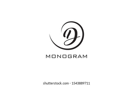 Monogram. Typographic logo with capital letter D. Icon lettering style with decorative swirl in black isolated on light background.