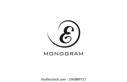 Monogram. Typographic logo with capital letter E. Icon lettering style with decorative swirl in black isolated on light background.