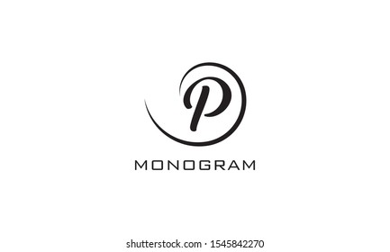 Monogram. Typographic logo with capital letter P. Icon lettering style with decorative swirl in black isolated on light background.