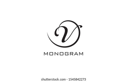 Monogram. Typographic logo with capital letter V. Icon lettering style with decorative swirl in black isolated on light background.