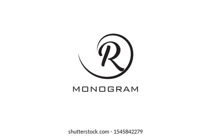 Monogram. Typographic logo with capital letter R. Icon lettering style with decorative swirl in black isolated on light background.