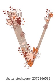 Monogram V. Composition of flowers, plants and a rainbow decorates the capital letter. Vector illustration for logo, label, greeting card.
