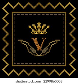 Monogram V. Letter and crown in the frame. Victory sign,  identification. Vector concept of  pattern for pillow, pillow case, napkin. Cross-stitch, needlework.