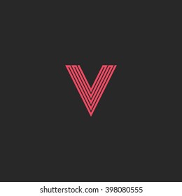 Monogram V logo letter initial, thin pink line design element business card emblem idea, hipster graphic symbol