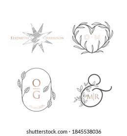Monogram wedding luxury collection. Vector modern minimalistic templates. Floral wreath for Invitation, Save the Date Cards. Logo elegant identity for restaurant, boutique. Calligraphic emblem frame