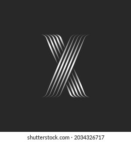 Monogram X letter logo 3d or creative overlapping lines shape, weaving thin metallic gradient parallel lines, striped cross pattern.