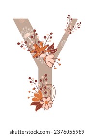La composición de flores, plantas y un arco iris decora la letra Y. Ilustración vectorial para logotipo, etiqueta, tarjeta de saludo.