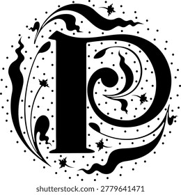 Monogram.Initial.Alphabet.Font.Medieval letter P . Ancient book miniature. Magic manuscript.Typeface.