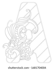А. Monogram.initials, capital letters with a floral pattern. Floral leaf design concept with letter A, fantastic pattern, coloring for children